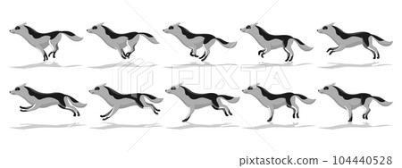 Dog running animation with different creature movements. Doggy poses in movement. Character move for games, cartoon or video. Flat vector illustration 104440528