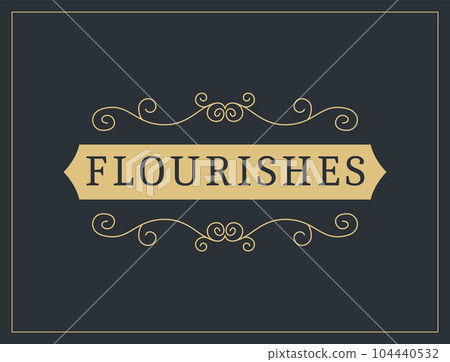Flourishes calligraphic vintage ornamental background. Vector luxury invitation, restaurant menu or royalty certificate. Golden ornate page with swirls and vignettes elements Flourishes calligraphic vintage ornamental background. Vector luxury invitation, restaurant menu or royalty certificate. Golden ornate page with swirls and vignettes elements 104440532
