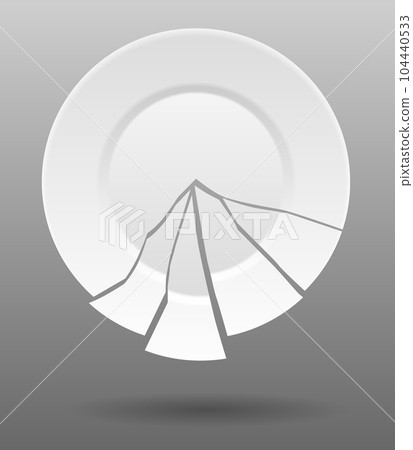 Broken white plate. Shattered food plate, cracked porcelain dish. Dishware with damage. Icon isolated on white background. Vector illustration 104440533
