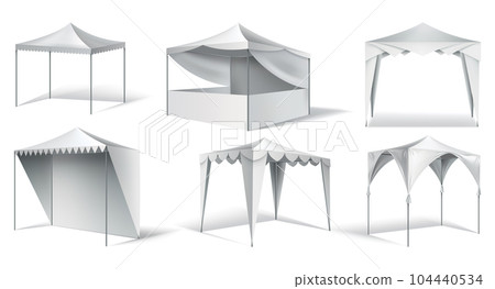 Promotional tent for effective outdoor branding. Set of icons. Customizable and perfect for events, trade shows and marketing campaigns Promotional tent for effective outdoor branding. Set of icons. Customizable and perfect for events, trade shows and marketing campaigns 104440534