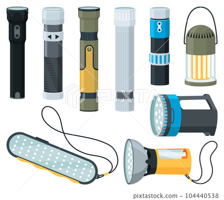 Flashlight of light icon set with spotlight or flash function. Light lantern isolated on white background. Vector cartoon illustration Flashlight of light icon set with spotlight or flash function. Light lantern isolated on white background. Vector cartoon illustration 104440538