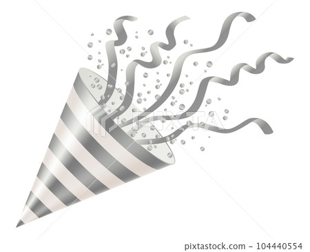 Party poppers with spraying confetti and streamer. Festive decoration element of paper and tinsel isolated on white background. Vector holiday event attribute 104440554
