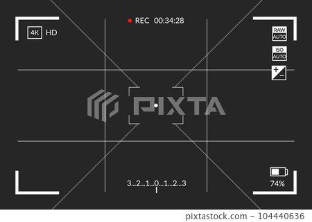 Viewfinder video recording. Camera focusing screen. Black screen camera with video shooting parameters, video quality indicators. Digital zoom recording for modern bloggers, vector illustration 104440636
