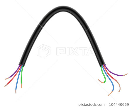 Broken electrical copper wire or cord. Damaged electric power cable. Torn wire with bare wire. Danger electric problem. Color electricity cable. Vector illustration isolated on white background Broken electrical copper wire or cord. Damaged electric power cable. Torn wire with bare wire. Danger electric problem. Color electricity cable. Vector illustration isolated on white background 104440669
