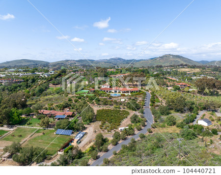 Aerial view over Rancho Santa Fe green valley landscape in San Diego 104440721