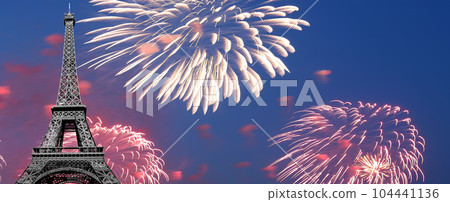 Celebratory colorful fireworks over the Eiffel Tower in Paris, France Celebratory colorful fireworks over the Eiffel Tower in Paris, France 104441136