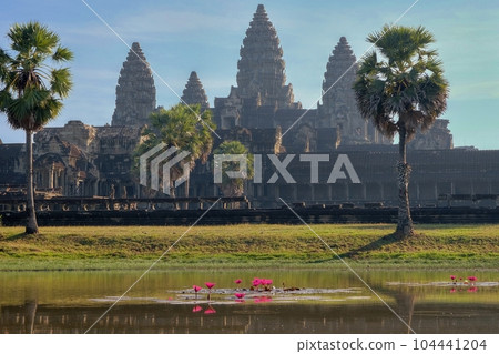 Photograph of a lotus-filled pond near the famous Khmer temple of Angkor Wat. Photograph of a lotus-filled pond near the famous Khmer temple of Angkor Wat. 104441204