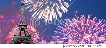 Celebratory colorful fireworks over the Eiffel Tower in Paris, France Celebratory colorful fireworks over the Eiffel Tower in Paris, France 104441253
