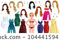 Red Carpet Paper Doll with Cute Cartoon Character, Outfits, Hairstyles and Earrings. Vector Illustration 104441594