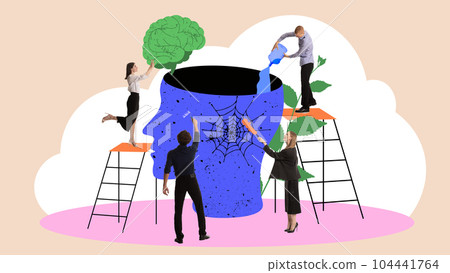 Young people, men and w men, employees taking care after mental condition of mind. Reducing stress. Contemporary art collage. 104441764