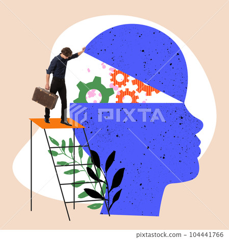Man, psychologist fixing brain, mental disorders and maintaining peace and calmness. Contemporary art collage. 104441766