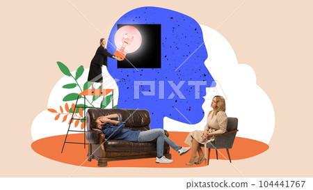 Businessman visiting psychologist to making his mental condition clear and calm. Contemporary art collage. 104441767