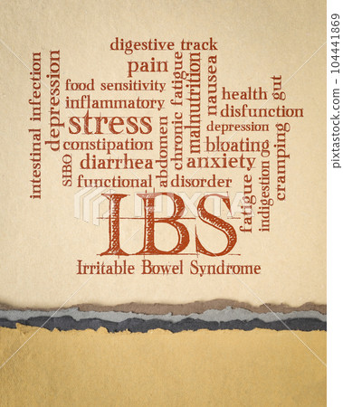 IBS - Irritable Bowel Syndrome word cloud on art paper, digestive track and gut health concept IBS - Irritable Bowel Syndrome word cloud on art paper, digestive track and gut health concept 104441869