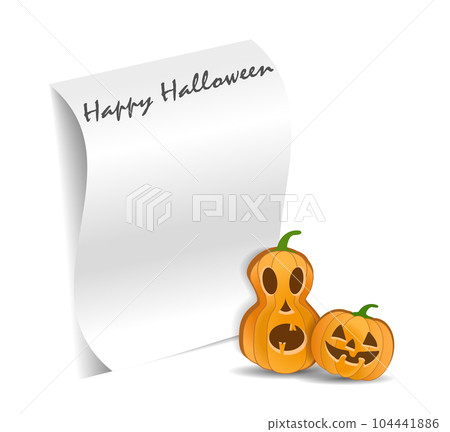 White sheet of A4 paper with a shadow on a white background. Rolled sheet of paper. Layout, template, Mockup for your design and advertising. With Jack-o'-lantern pumpkins for Halloween White sheet of A4 paper with a shadow on a white background. Rolled sheet of paper. Layout, template, Mockup for your design and advertising. With Jack-o'-lantern pumpkins for Halloween 104441886