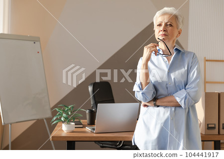 Portrait of confident stylish european middle aged senior woman at workplace. Stylish older mature 60s gray haired lady businesswoman in modern office. Boss leader teacher professional worker Portrait of confident stylish european middle aged senior woman at workplace. Stylish older mature 60s gray haired lady businesswoman in modern office. Boss leader teacher professional worker 104441917