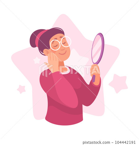 Ego with Self Confident Woman Character Look in Mirror Vector Illustration 104442191