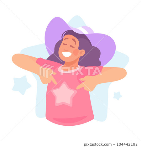 Ego with Self Confident Woman Character in Hat Point at Herself Vector Illustration 104442192