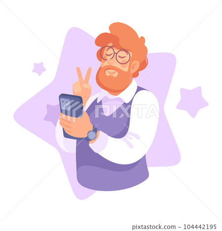 Ego with Self Confident Bearded Man Character Taking Selfie with Smartphone Vector Illustration Ego with Self Confident Bearded Man Character Taking Selfie with Smartphone Vector Illustration 104442195
