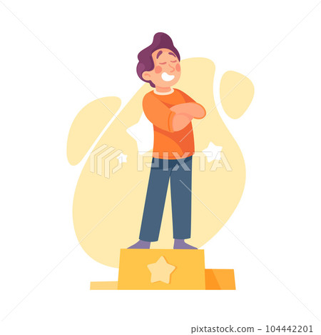 Ego with Self Confident Boy Character with Folded Arms Stand on Pedestal Vector Illustration 104442201
