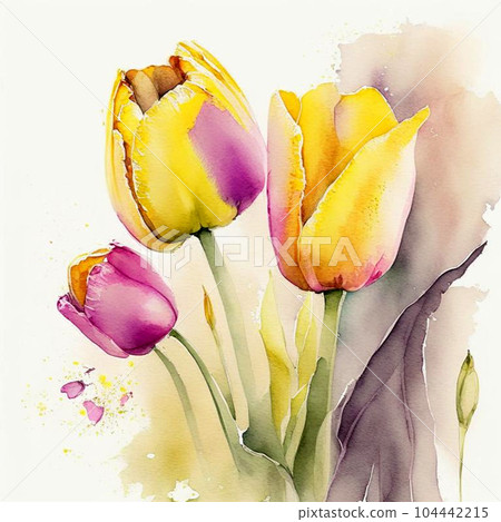 Pink and yellow tulips bouquet with green leaves in watercolor style. Fresh flowers. 104442215