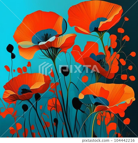 Beautiful poppy field in bright sunlight. Field of wild flowers. The concept of hot summer days, the approach of summer. 104442216