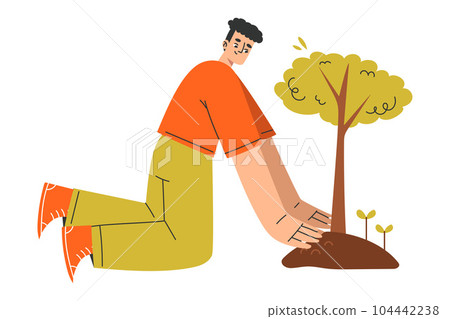 Eco-friendly Lifestyle with Man Character Planting Tree Vector Illustration 104442238