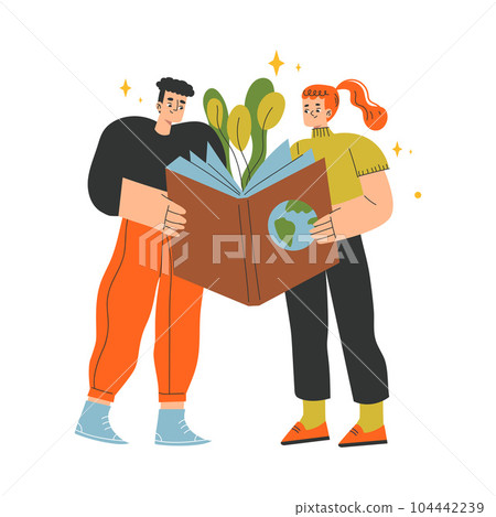 Eco-friendly Lifestyle with Man and Woman Character Reading Book About Earth Vector Illustration Eco-friendly Lifestyle with Man and Woman Character Reading Book About Earth Vector Illustration 104442239
