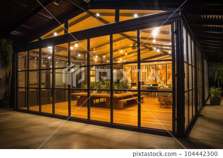 Pavilion with nature view. Steel frame, wood, glass doors. Black loft modern house. Generative AI 104442300