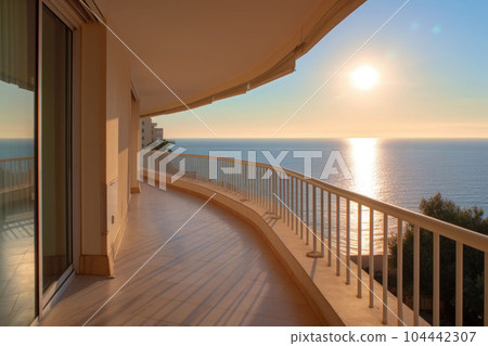 A large apartment balcony with sea view. Terrace with a beautiful view. Generative AI A large apartment balcony with sea view. Terrace with a beautiful view. Generative AI 104442307