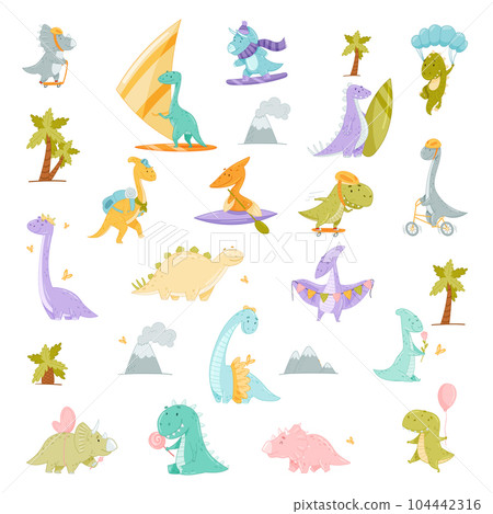 Dino Life with Happy Dinosaurs Engaged in Different Activity Big Vector Set Dino Life with Happy Dinosaurs Engaged in Different Activity Big Vector Set 104442316