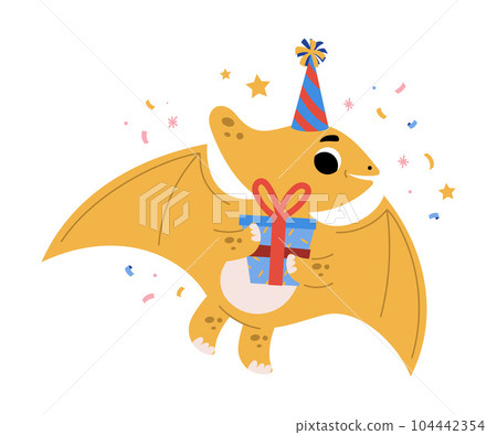 Cute Pterodactyl Dinosaur at Birthday Party with Gift Box Vector Illustration Cute Pterodactyl Dinosaur at Birthday Party with Gift Box Vector Illustration 104442354