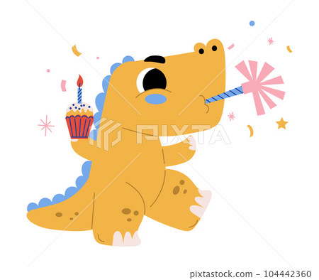 Cute Dinosaur at Birthday Party with Cupcake Blowing Whistle Vector Illustration 104442360