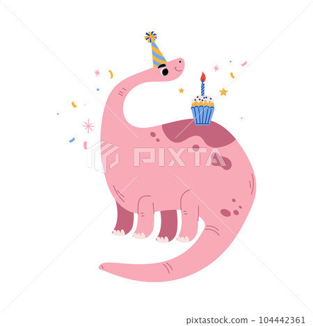 Cute Pink Dinosaur at Birthday Party with Cupcake Vector Illustration 104442361