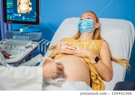 In the Hospital, Close-up Shot of the Doctor does Ultrasound Sonogram Procedure to a Pregnant Woman. Obstetrician Moving Transducer on the Belly of the Future Mother In the Hospital, Close-up Shot of the Doctor does Ultrasound Sonogram Procedure to a Pregnant Woman. Obstetrician Moving Transducer on the Belly of the Future Mother 104442366