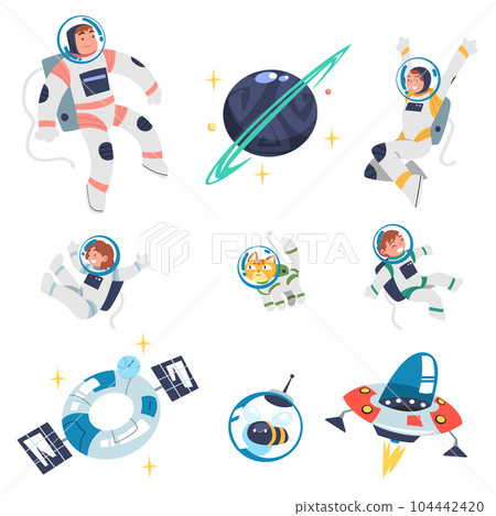 Space with Astronaut Character in Spacesuit, Shuttle and Planet Vector Set 104442420