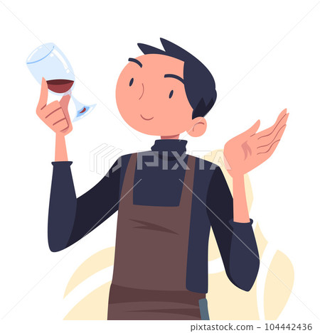 Man Sommelier in Apron as Wine Professional with Glass of Drink Vector Illustration Man Sommelier in Apron as Wine Professional with Glass of Drink Vector Illustration 104442436