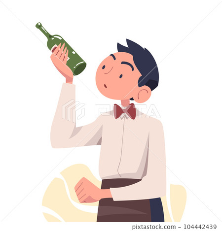 Man Sommelier in Apron as Wine Professional with Bottle of Drink Vector Illustration Man Sommelier in Apron as Wine Professional with Bottle of Drink Vector Illustration 104442439
