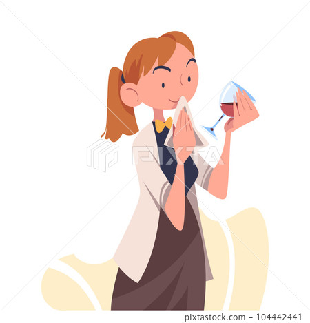 Woman Sommelier in Apron as Wine Professional with Glass of Drink Vector Illustration Woman Sommelier in Apron as Wine Professional with Glass of Drink Vector Illustration 104442441