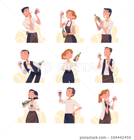 Man and Woman Sommelier as Wine Professional with Glass and Bottle of Drink Vector Set Man and Woman Sommelier as Wine Professional with Glass and Bottle of Drink Vector Set 104442450