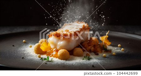 Molecular cuisine take on fish and chips with crispy potato foam and a sous-vide fish filet 104442699