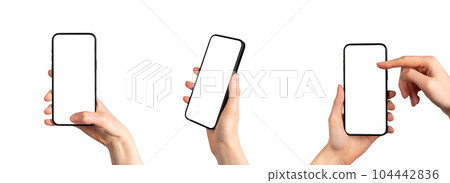 Mobile phone mockups set. Smartphone screen mock-ups in hand isolated on white Mobile phone mockups set. Smartphone screen mock-ups in hand isolated on white 104442836