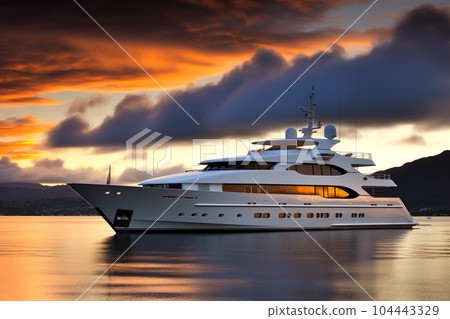 Luxury motor yacht in sea at sunset, expensive boat like ship in ocean 104443329
