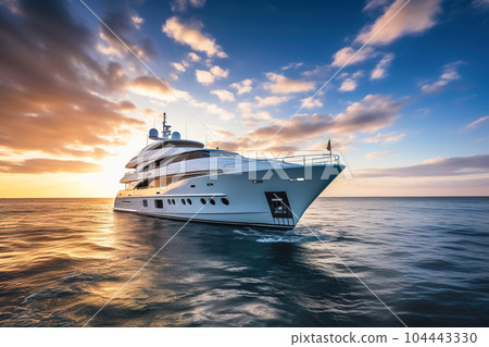 Luxury yacht in sea at sunset, expensive motor boat like ship in summer 104443330