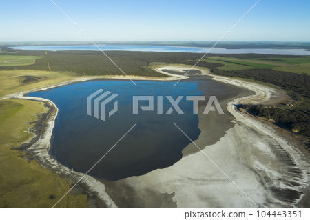 Historical remains of old salt exploitation, Salinas Grande, La Pampa, Argentina. 104443351