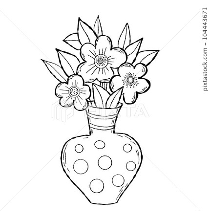 Outline bouquet of flowers in vase. Vector illustration. Blooming daisies with leaves in linear doodle style Outline bouquet of flowers in vase. Vector illustration. Blooming daisies with leaves in linear doodle style 104443671