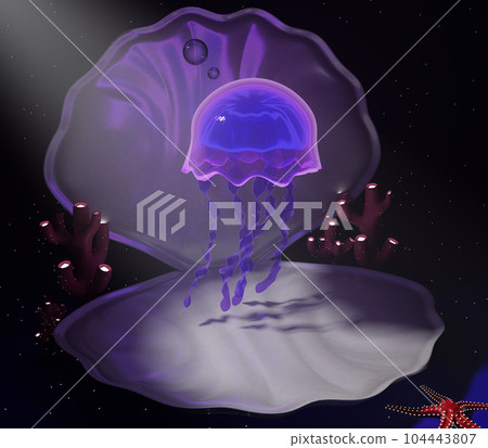 A sea shell is on a pink background with purple jellyfish in it 104443807