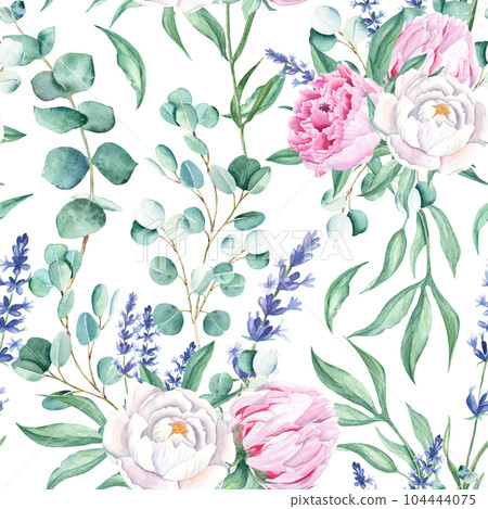 Seamless watercolor pattern with white and pink peonies, eucalyptus and lavender branches on white background. Can be used for wedding prints, gift wrapping paper, kitchen textile and fabric prints. Seamless watercolor pattern with white and pink peonies, eucalyptus and lavender branches on white background. Can be used for wedding prints, gift wrapping paper, kitchen textile and fabric prints. 104444075