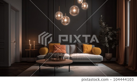 Interior of cozy vintage living room in a luxury apartment. Stylish sofa with colored pillows, coffee table, trendy pendant lamps, carpet, plant in a pot, home decor. 3D rendering. Interior of cozy vintage living room in a luxury apartment. Stylish sofa with colored pillows, coffee table, trendy pendant lamps, carpet, plant in a pot, home decor. 3D rendering. 104444103