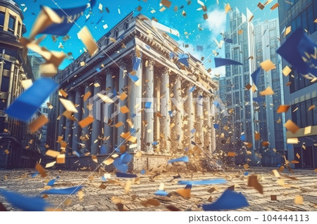 The European bank building collapsing, the flag of the European Union disintegrated. Bank bankruptcy. Banking crisis, falling stocks. Collapse of the financial system. Mockup, 3D rendering. The European bank building collapsing, the flag of the European Union disintegrated. Bank bankruptcy. Banking crisis, falling stocks. Collapse of the financial system. Mockup, 3D rendering. 104444113