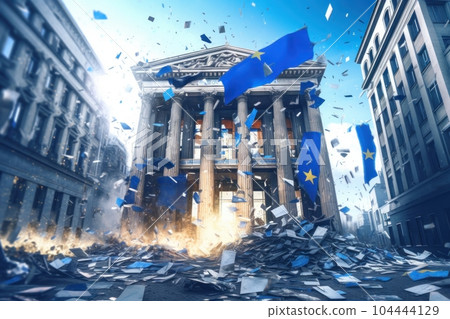 The European bank building collapsing, the flag of the European Union disintegrated. Bank bankruptcy. Banking crisis, falling stocks. Collapse of the financial system. Mockup, 3D rendering. The European bank building collapsing, the flag of the European Union disintegrated. Bank bankruptcy. Banking crisis, falling stocks. Collapse of the financial system. Mockup, 3D rendering. 104444129